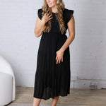 Adara Tired Smocked Short Sleeve Midi Dress - Black