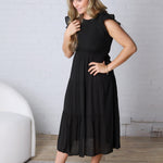 Adara Tired Smocked Short Sleeve Midi Dress - Black