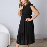 Adara Tired Smocked Short Sleeve Midi Dress - Black