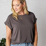 Addie Bamboo Round Neck Dolman Cap Sleeve Tee - Charcoal