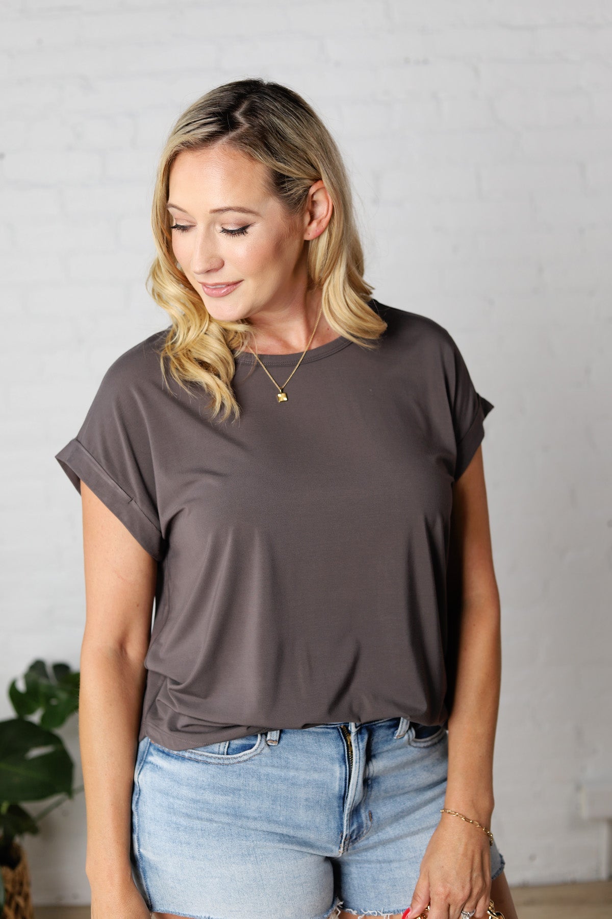 Addie Bamboo Round Neck Dolman Cap Sleeve Tee - Charcoal