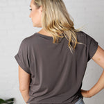 Addie Bamboo Round Neck Dolman Cap Sleeve Tee - Charcoal