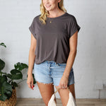 Addie Bamboo Round Neck Dolman Cap Sleeve Tee - Charcoal