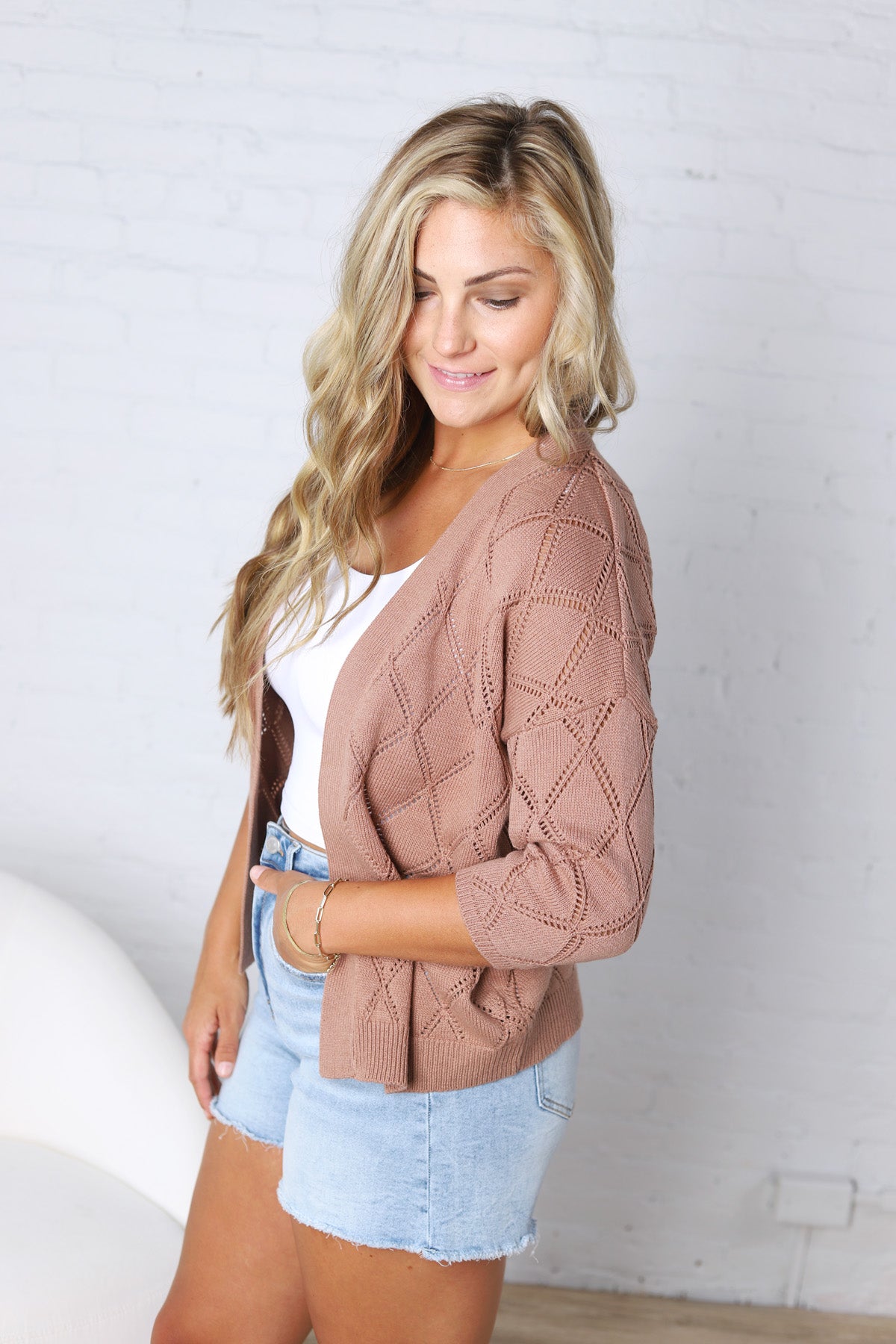 Adelin Pointelle Knit Open Front Cardigan - Marsala