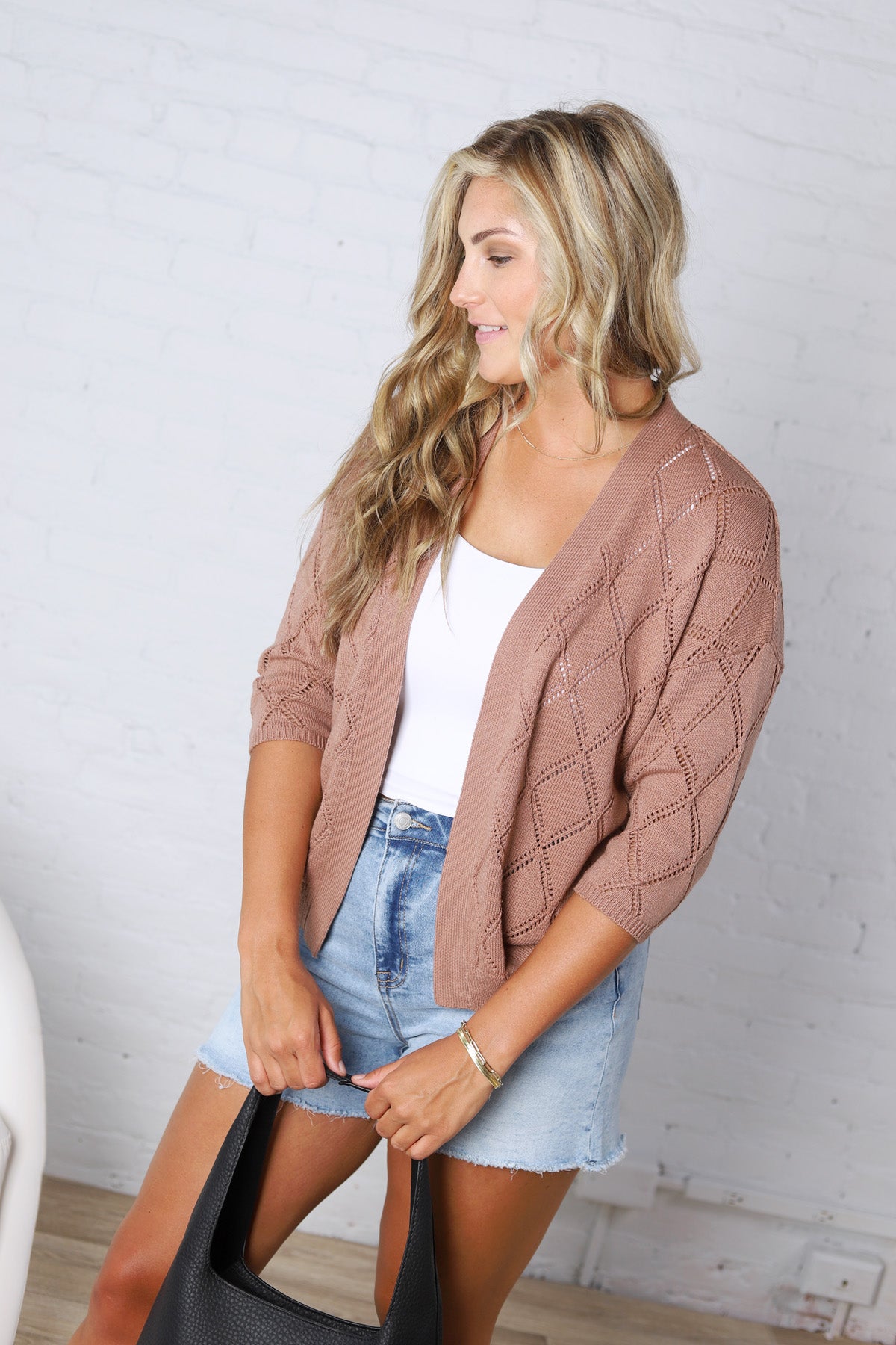 Adelin Pointelle Knit Open Front Cardigan - Marsala