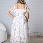 Adelina Floral Chiffon Flounce Sleeve Shirred Midi Dress - Blue
