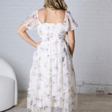 Adelina Floral Chiffon Flounce Sleeve Shirred Midi Dress - Blue