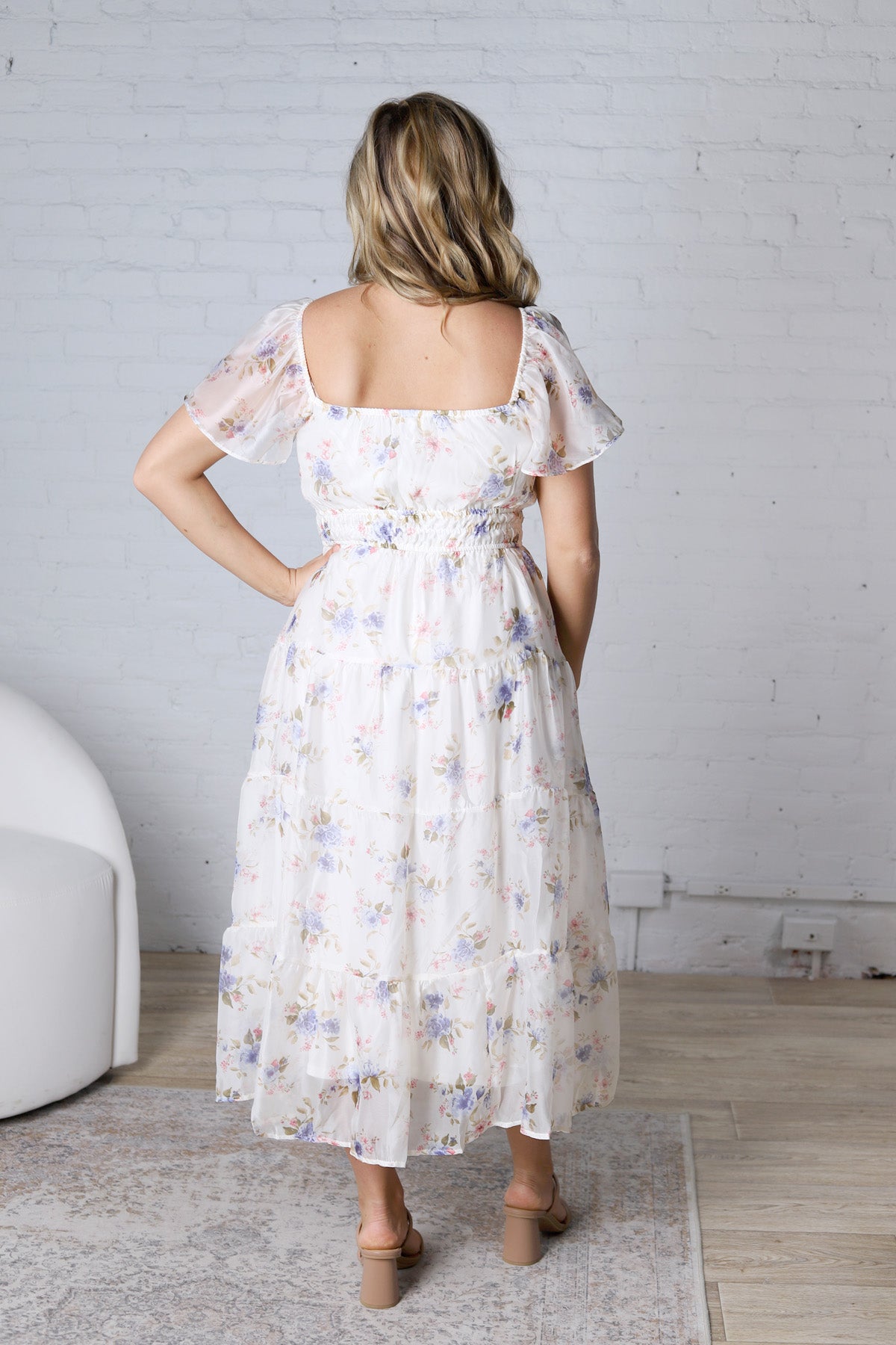 Adelina Floral Chiffon Flounce Sleeve Shirred Midi Dress - Blue