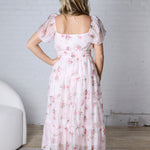 Adelina Floral Chiffon Flounce Sleeve Shirred Midi Dress - Pink