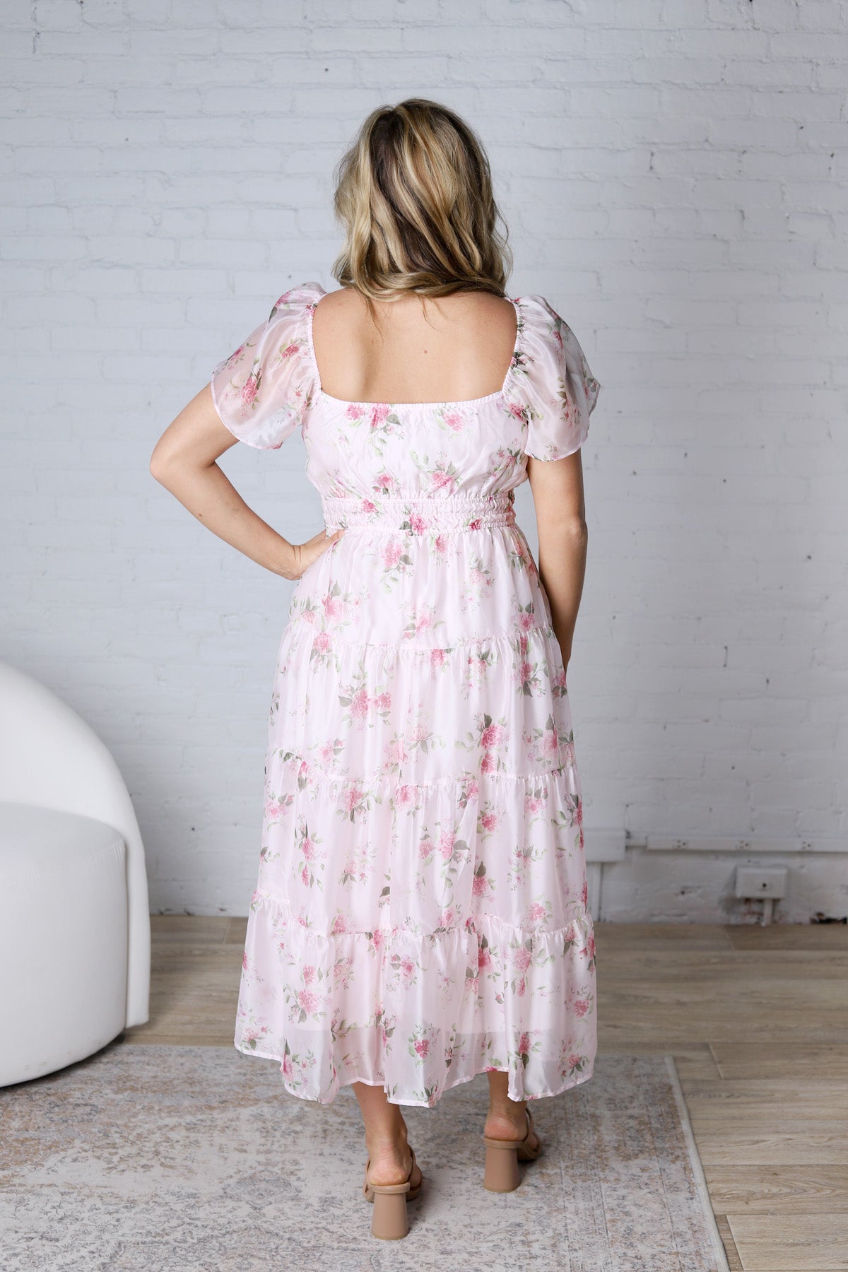 Adelina Floral Chiffon Flounce Sleeve Shirred Midi Dress - Pink