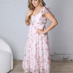 Adelina Floral Chiffon Flounce Sleeve Shirred Midi Dress - Pink
