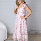 Adelina Floral Chiffon Flounce Sleeve Shirred Midi Dress - Pink