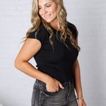 Adira Round Neck Cap Sleeve Top - Black