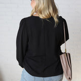 Adley Cinched Sleeve V Neck Blouse - Black