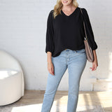 Adley Cinched Sleeve V Neck Blouse - Black