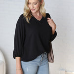 Adley Cinched Sleeve V Neck Blouse - Black