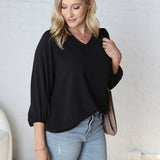 Adley Cinched Sleeve V Neck Blouse - Black