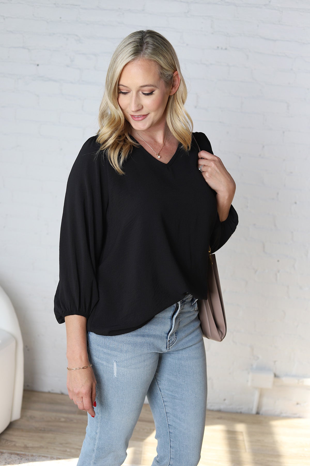 Adley Cinched Sleeve V Neck Blouse - Black