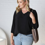 Adley Cinched Sleeve V Neck Blouse - Black