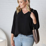 Adley Cinched Sleeve V Neck Blouse - Black