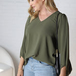 Adley Cinched Sleeve V Neck Blouse - Olive