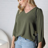 Adley Cinched Sleeve V Neck Blouse - Olive