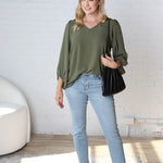 Adley Cinched Sleeve V Neck Blouse - Olive