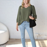 Adley Cinched Sleeve V Neck Blouse - Olive