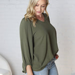 Adley Cinched Sleeve V Neck Blouse - Olive