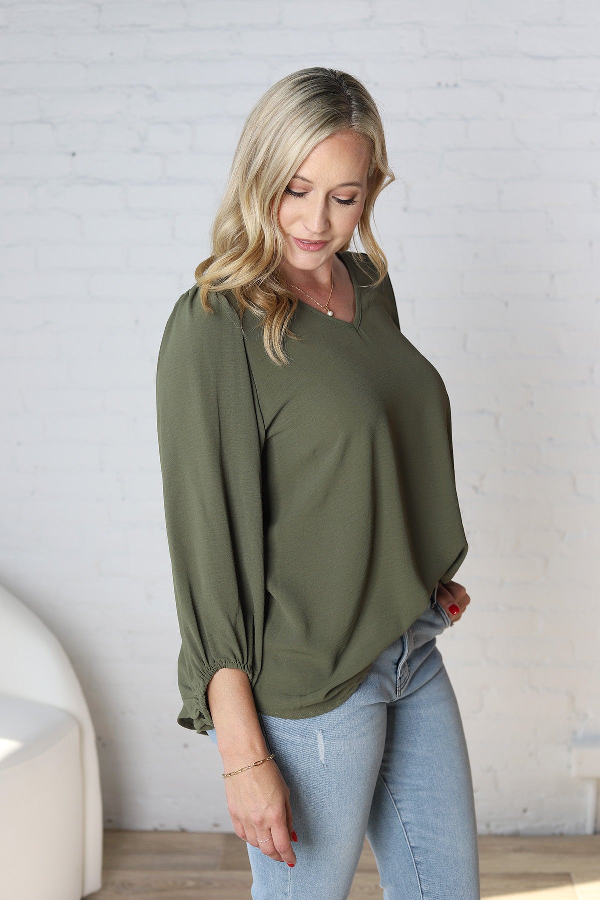 Adley Cinched Sleeve V Neck Blouse - Olive