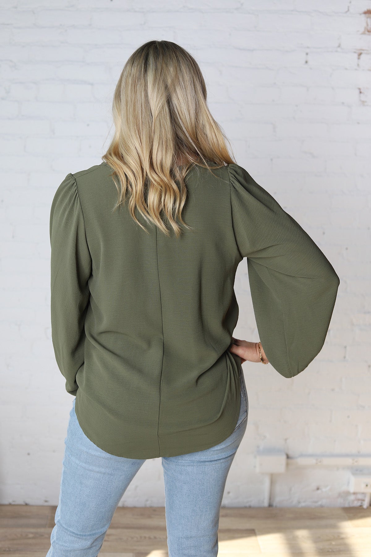 Adley Cinched Sleeve V Neck Blouse - Olive