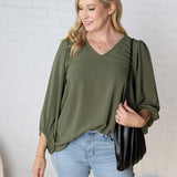 Adley Cinched Sleeve V Neck Blouse - Olive