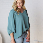 Adley Cinched Sleeve V Neck Blouse - Seafoam