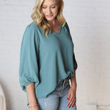 Adley Cinched Sleeve V Neck Blouse - Seafoam