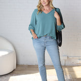 Adley Cinched Sleeve V Neck Blouse - Seafoam