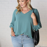 Adley Cinched Sleeve V Neck Blouse - Seafoam