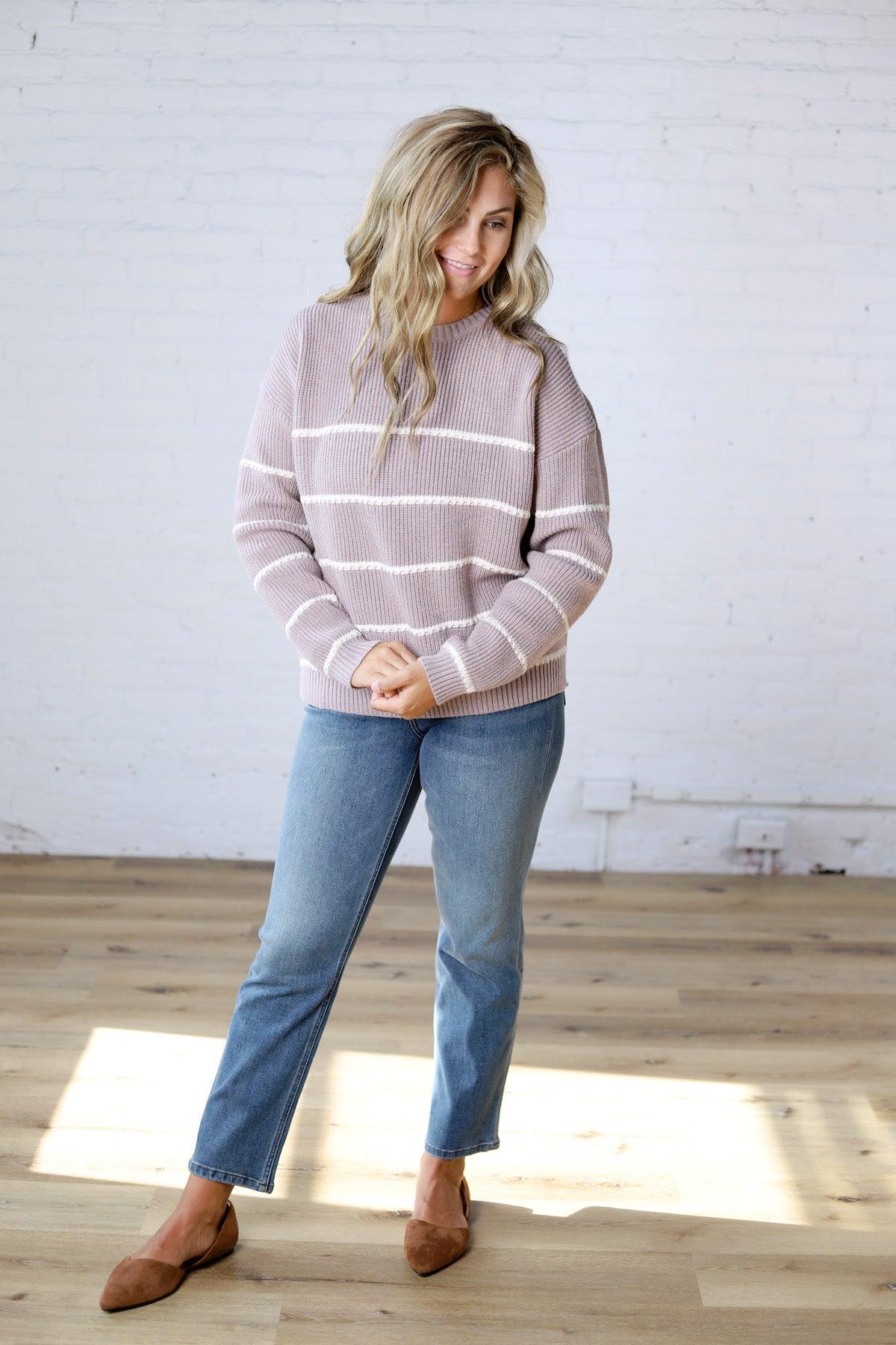 Adria Stripe Drop Shoulder Sweater - Mauve