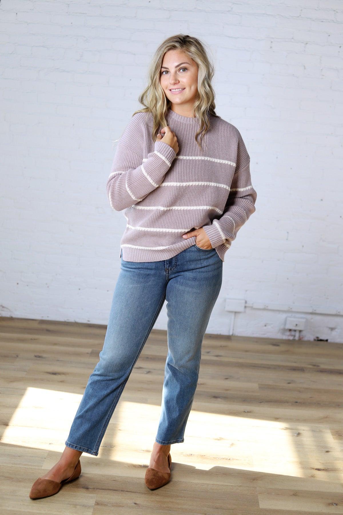 Adria Stripe Drop Shoulder Sweater - Mauve
