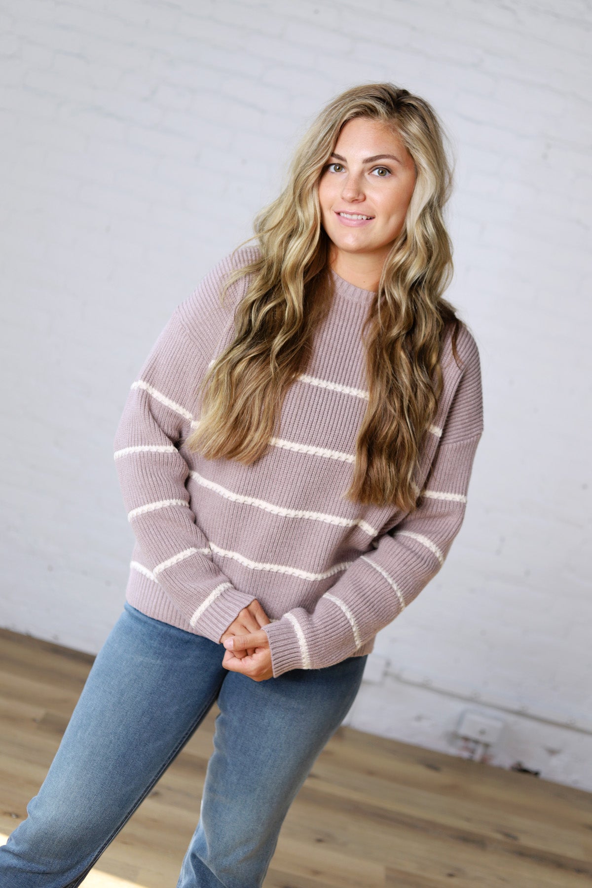 Adria Stripe Drop Shoulder Sweater - Mauve
