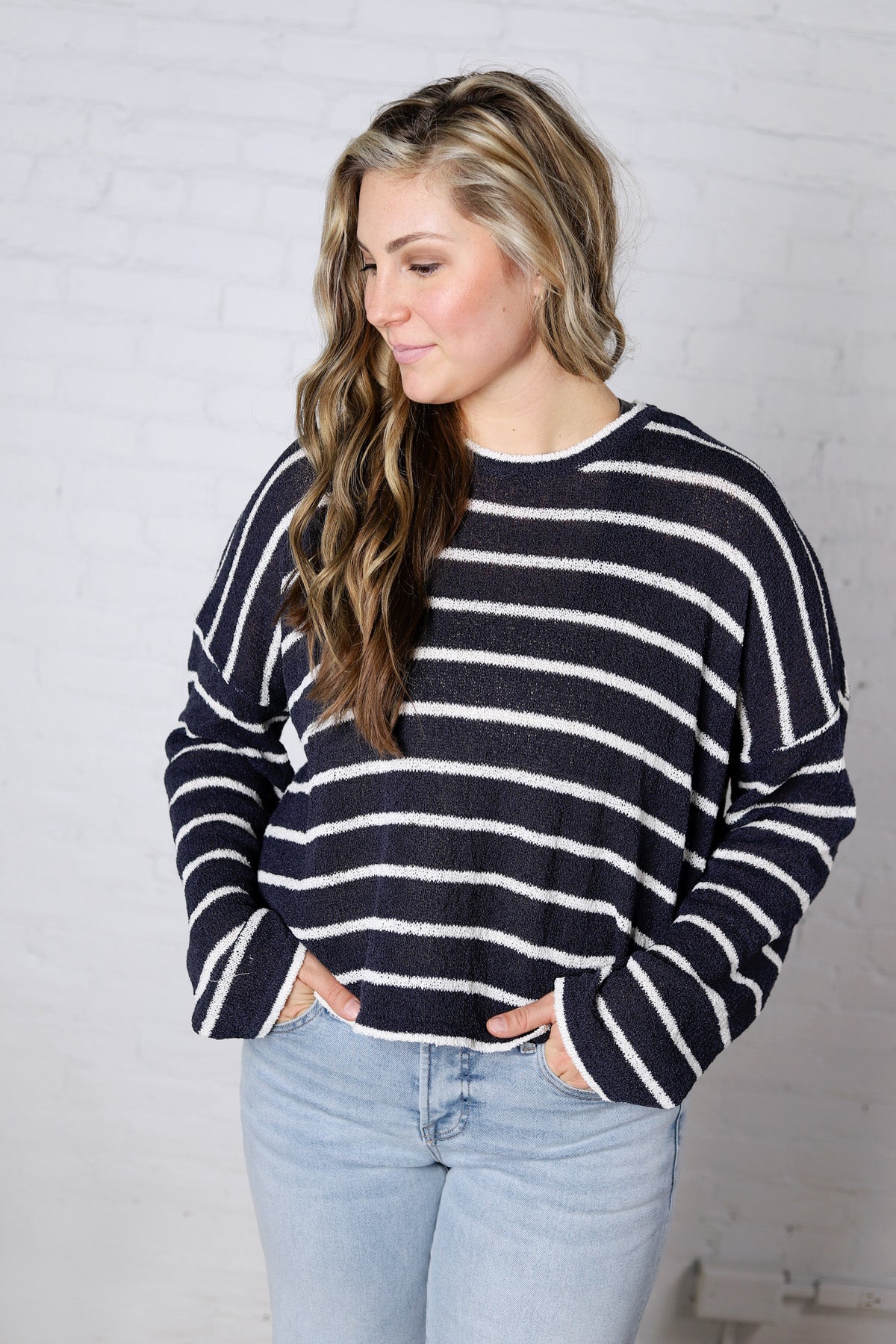 Aerin Striped Lightweight Sweater - Navy/White