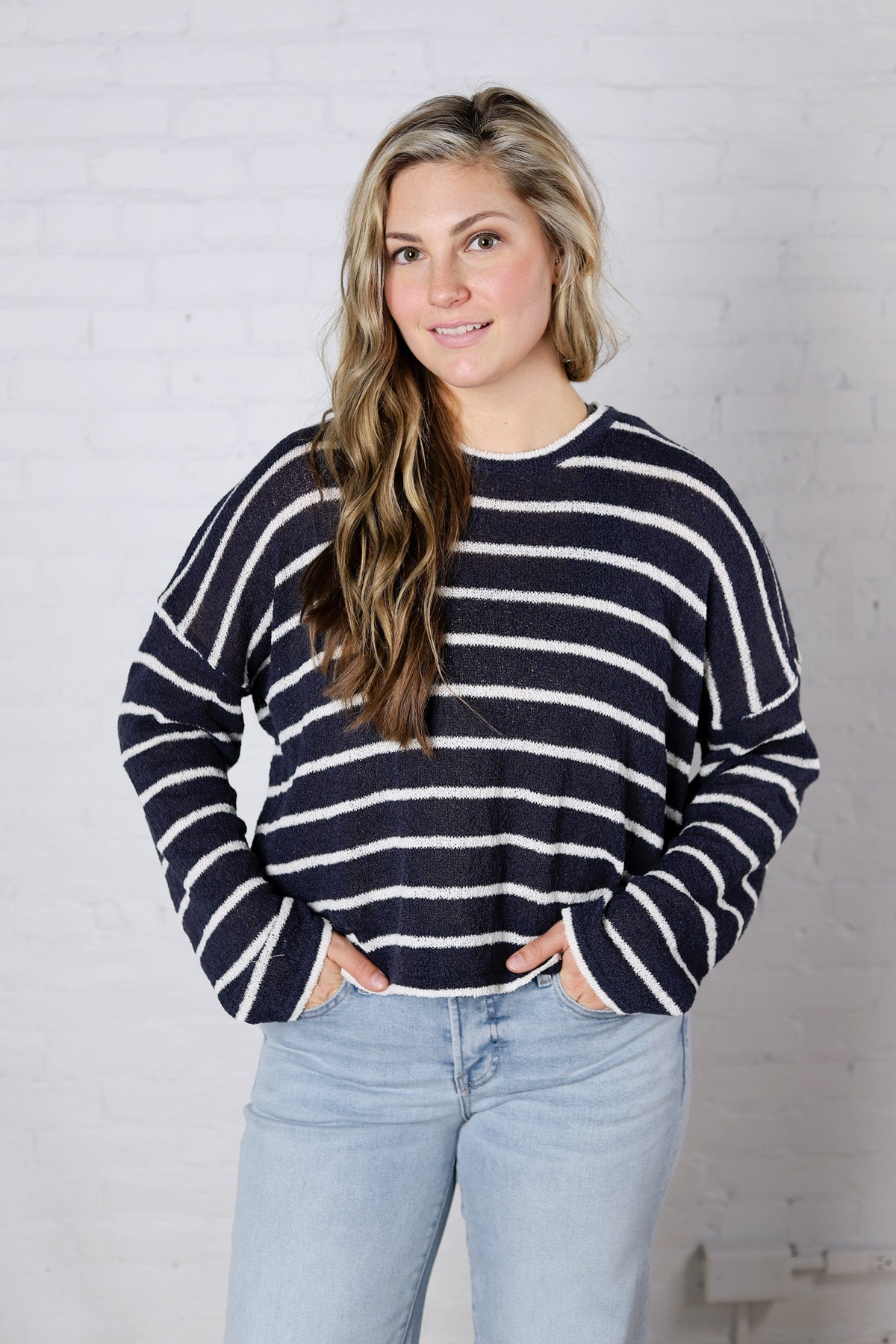 Aerin Striped Lightweight Sweater - Navy/White