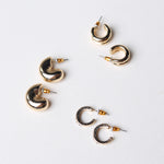 Aggie Rhinestone Double Puffy Hoop Trio Set - Gold