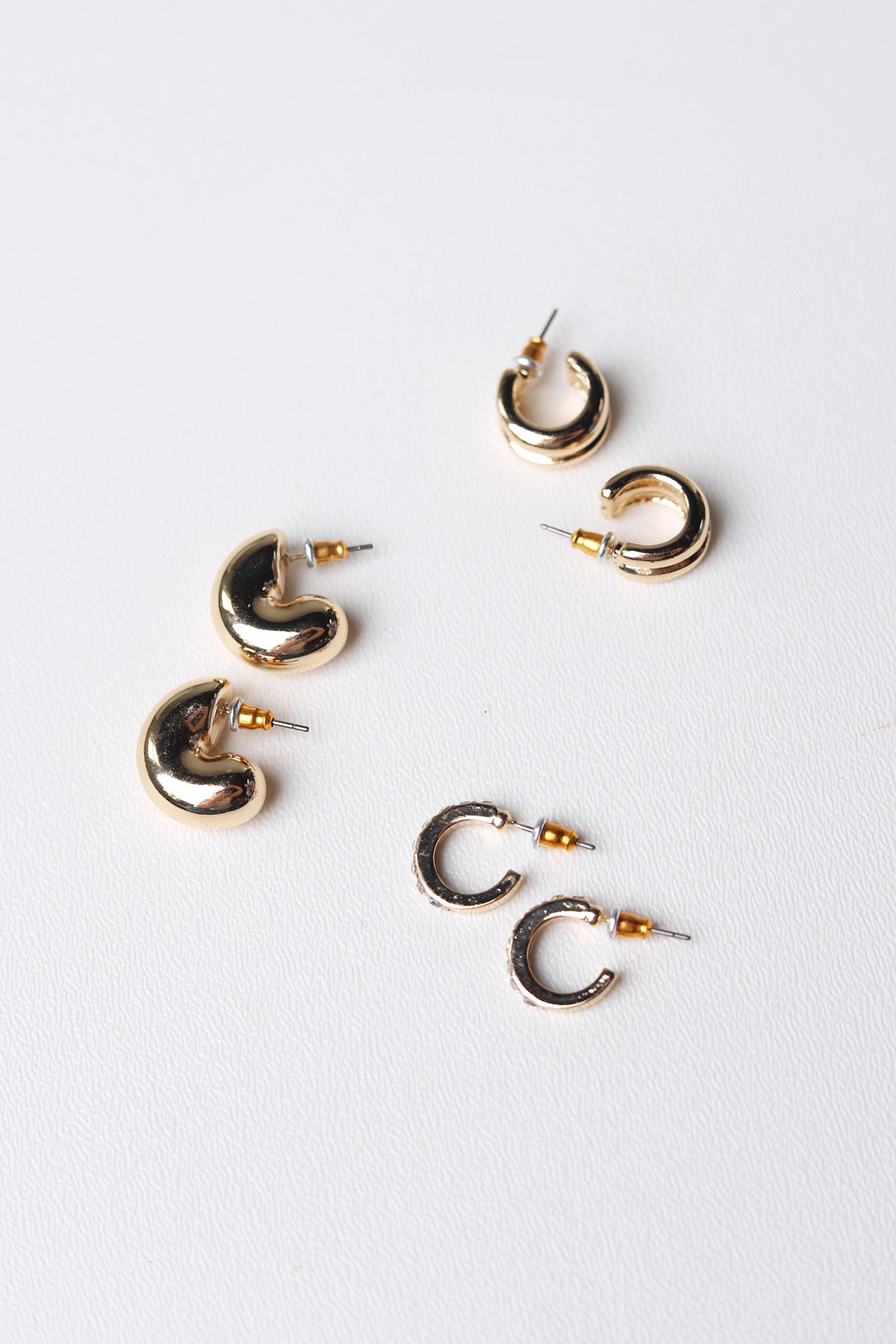 Aggie Rhinestone Double Puffy Hoop Trio Set - Gold