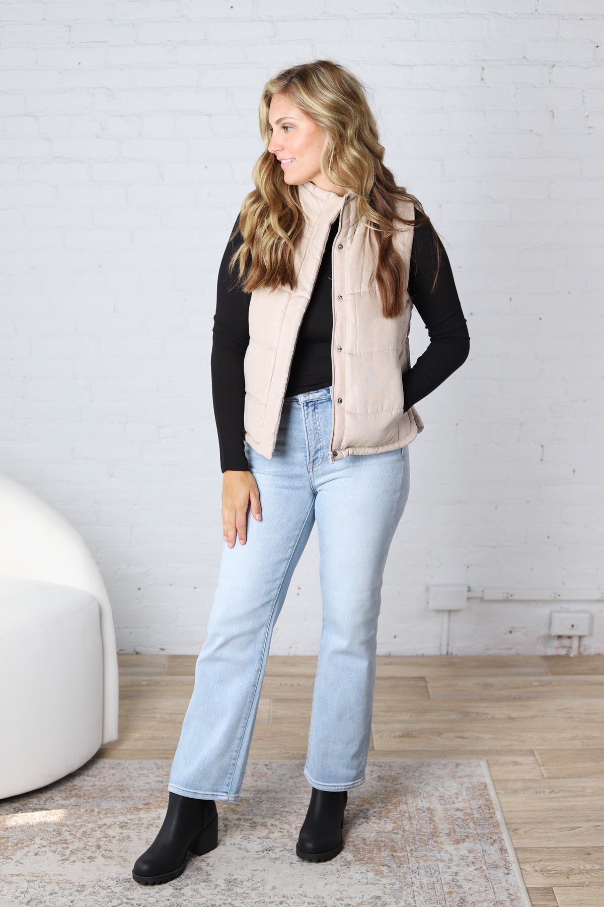 Ainsly Suede-Like Puffer Vest - Beige