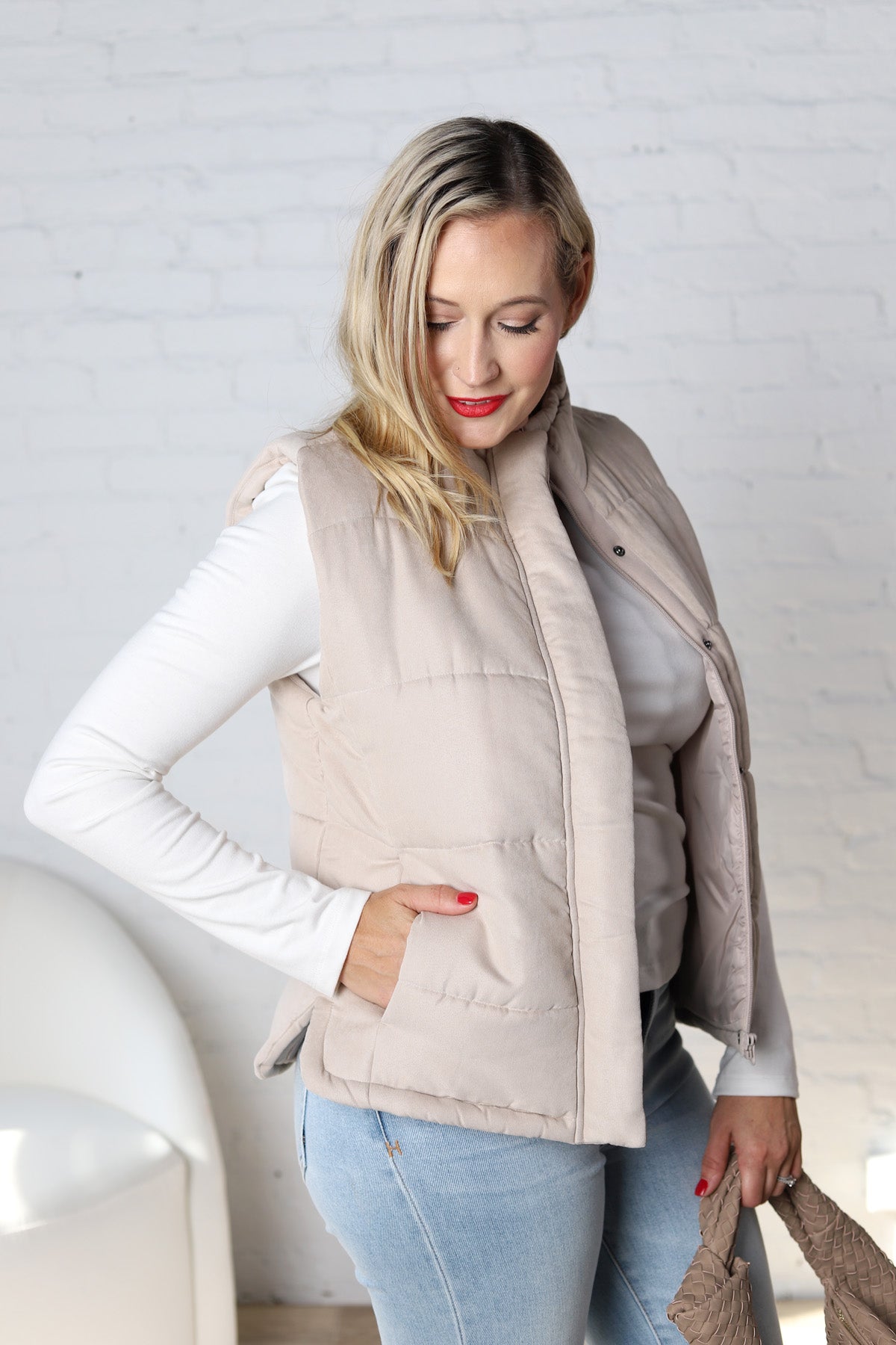 Ainsly Suede-Like Puffer Vest - Beige