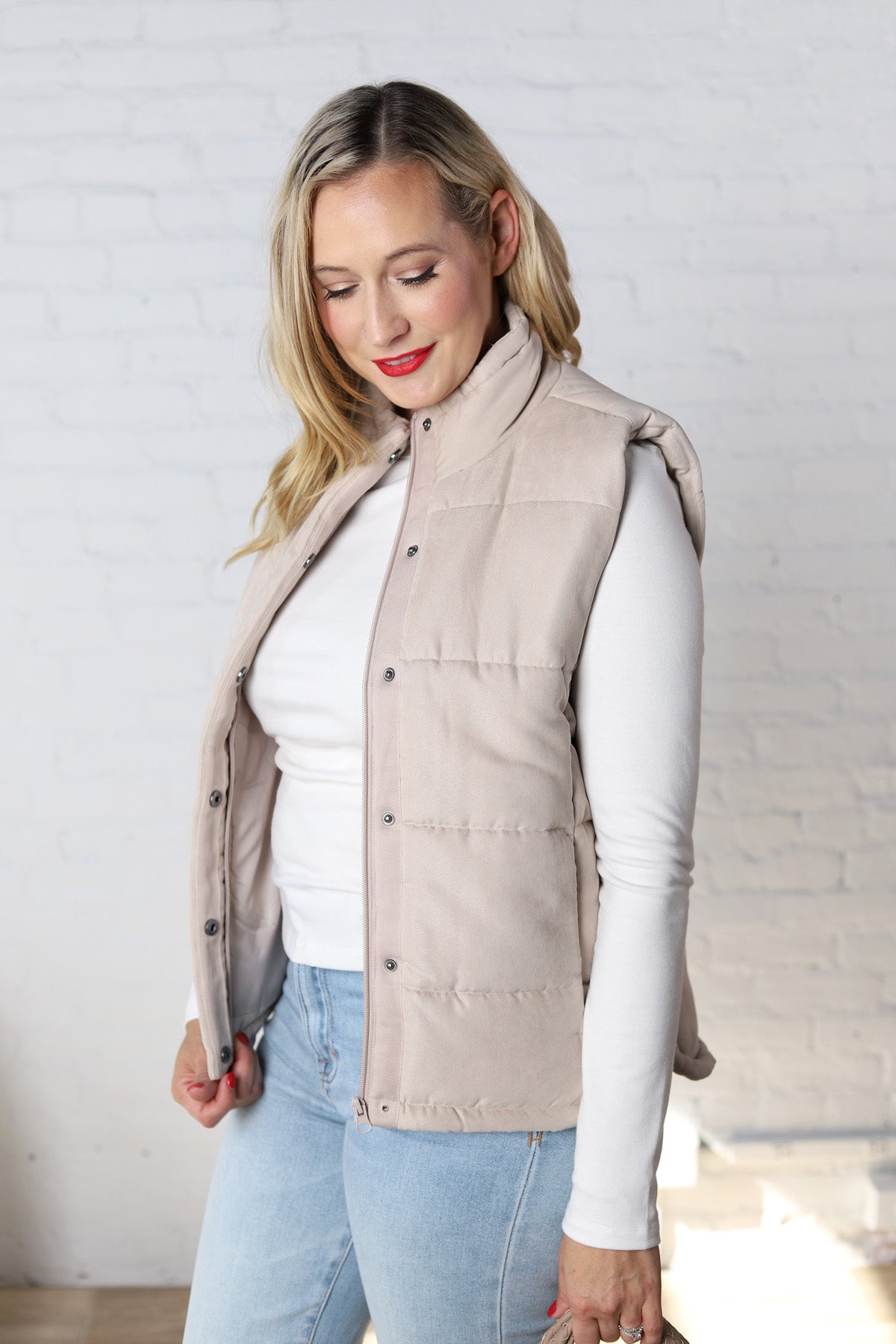 Ainsly Suede-Like Puffer Vest - Beige