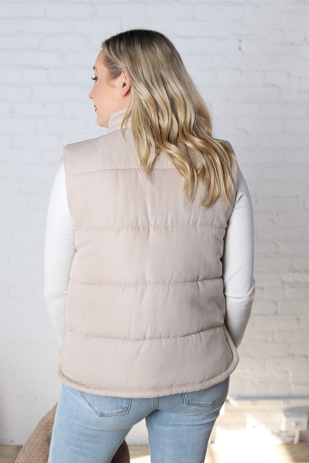 Ainsly Suede-Like Puffer Vest - Beige