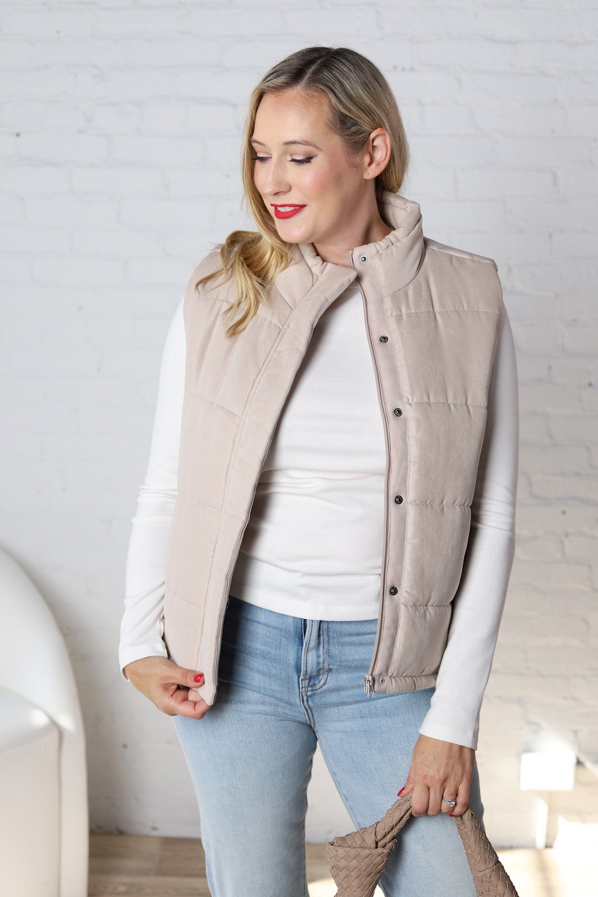 Ainsly Suede-Like Puffer Vest - Beige