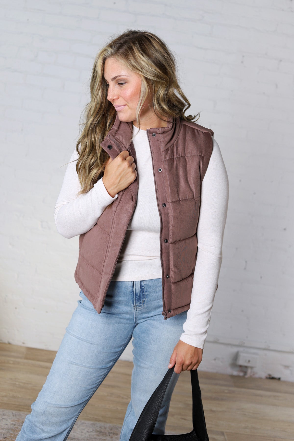 Ainsly Suede-Like Puffer Vest - Cocoa
