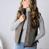 Ainsly Suede-Like Puffer Vest - Olive